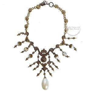 Baroque Faux Pearl Necklace Gilt Scroll Chain by Stephanie Lake Design Vintage